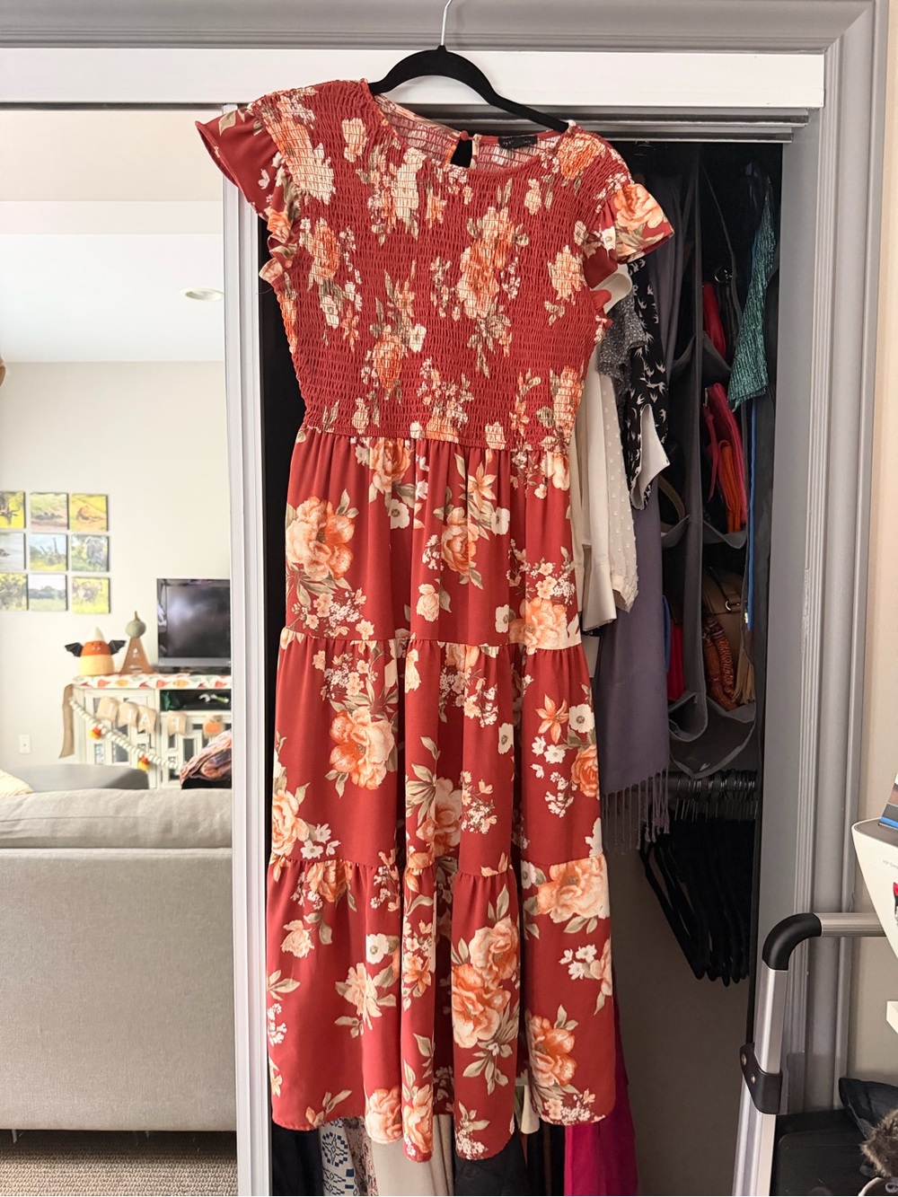 Floral Smocked Tiered Midi Dress in Rust - Women